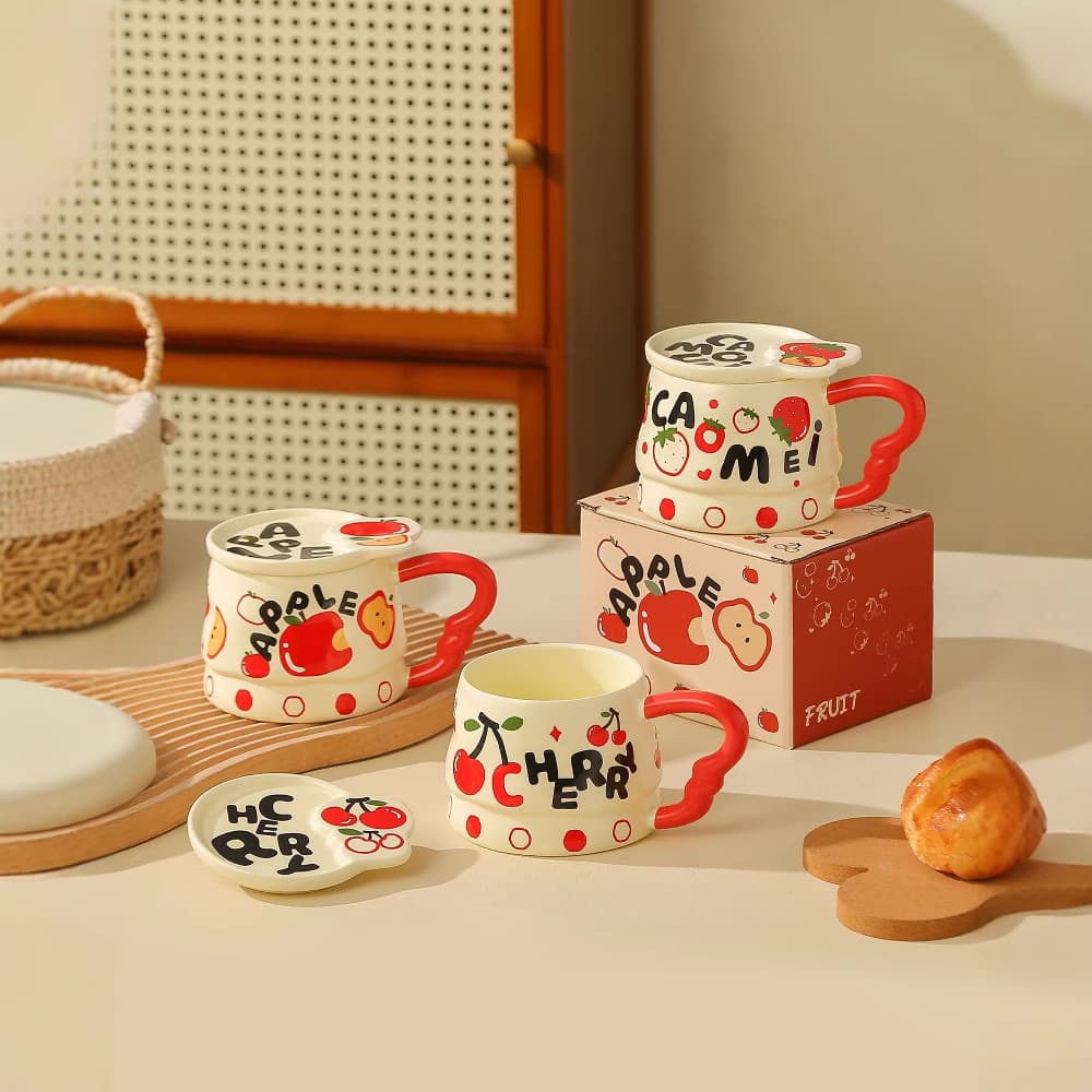 Summer Cartoon Fruit Mug Creative Gift Ceramic Cup with Lid Office Breakfast Birthday Water Cup for Women