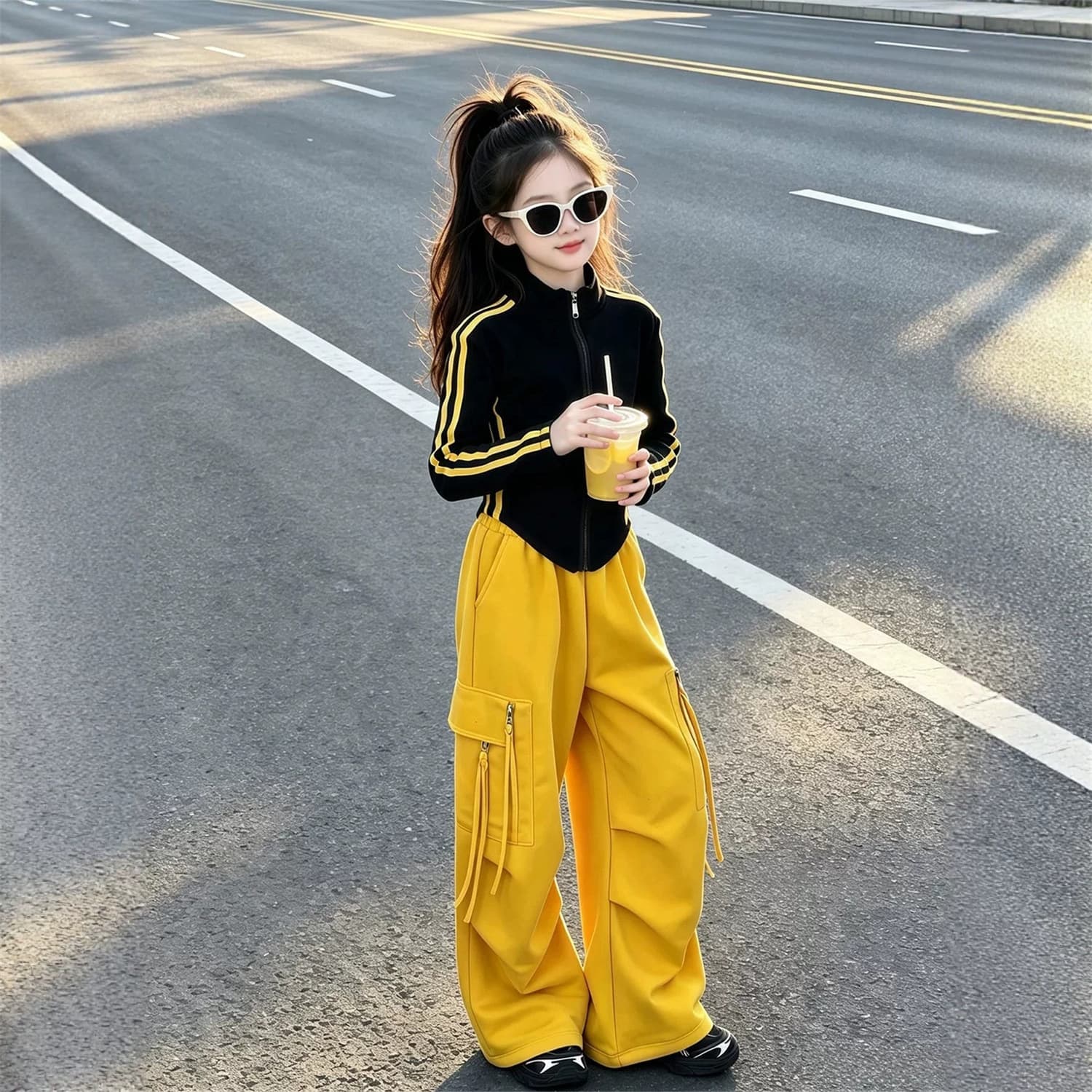 Kids Fall/Winter Sportswear Set, Korean Style Trendy Girl Cargo Pants with Cardigan Top