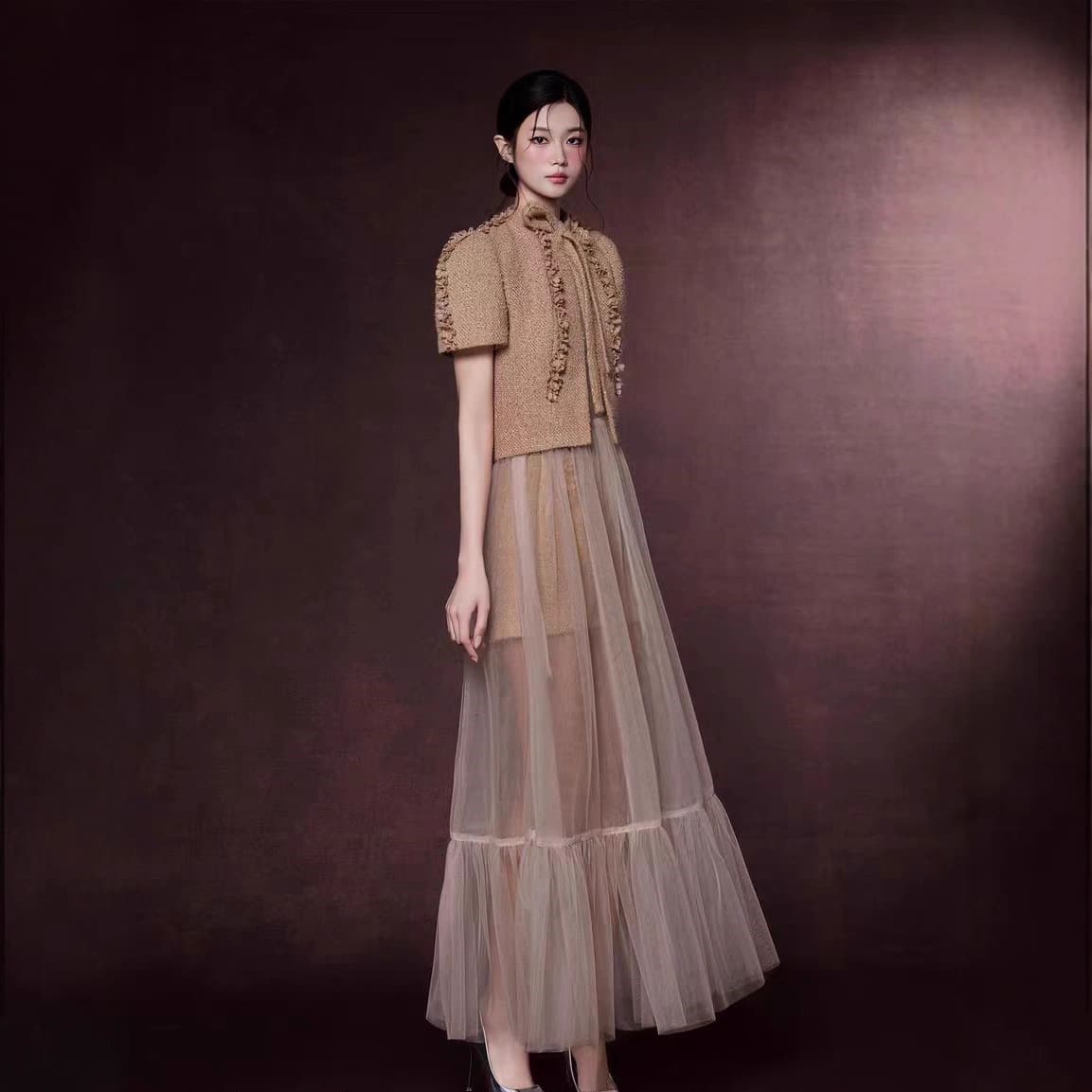 In Stock Little Chanel Style 3-Piece Set Vietnam Niche Design Ruffle Trim Shorts Set Tulle Long Skirt 50387