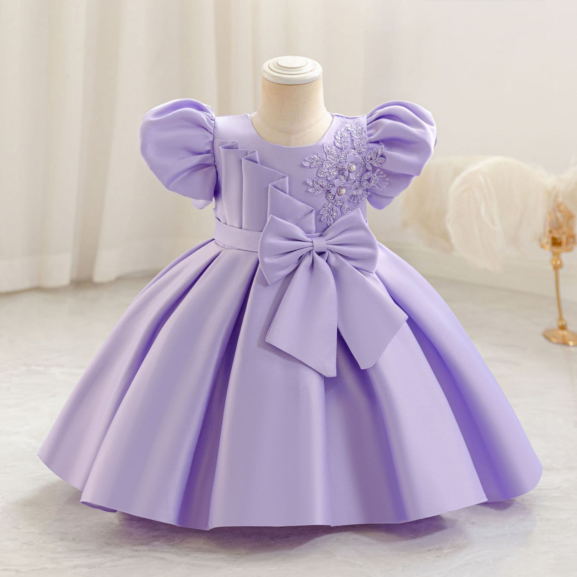 2025 New Infant Toddler First Birthday Party Dress Bow Puff Sleeve Kids Dress Princess Dress