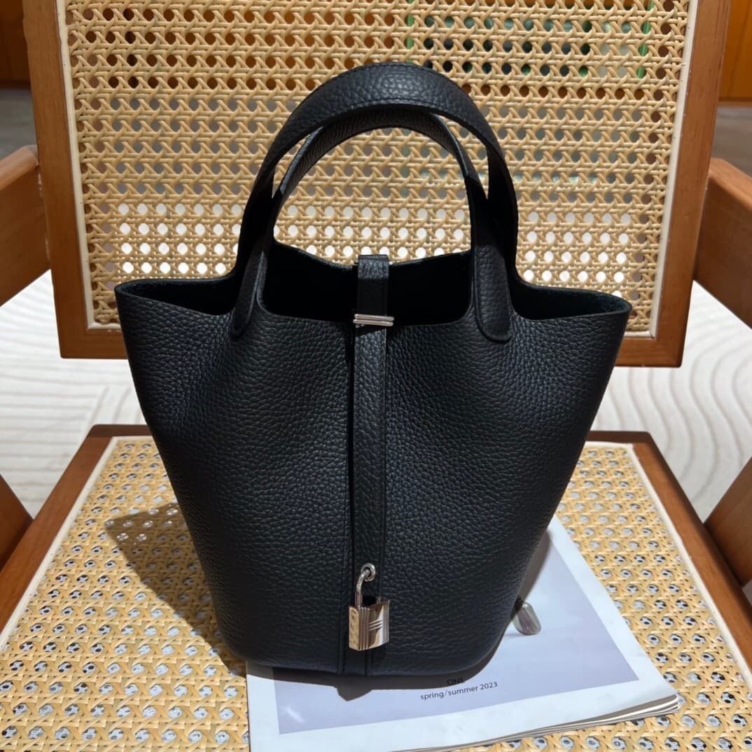 TC Cowhide Hand-Stitched Wax Thread Basket Bag for Women, Top Layer Lychee Pattern Genuine Leather Handheld Bucket Bag