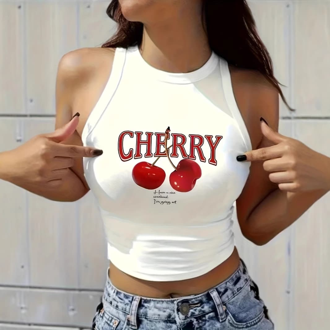 Cross-border European and American Summer Women's Letter Cherry Print Vest Top for Dating, Sports, Streetwear, and Layering