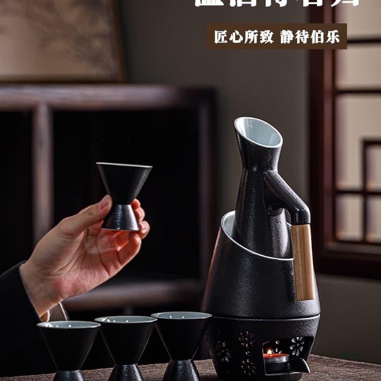 Retro Ceramic Warmer Set - Candle-heated vessel with antique cups and gift box for strong liquor.