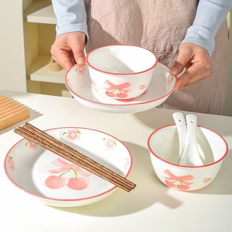 Pink Cute Ceramic Bowl and Plate Set Home Tableware Bowls with Bow Tie Rice Bowls Underglaze Color Dinner Plates