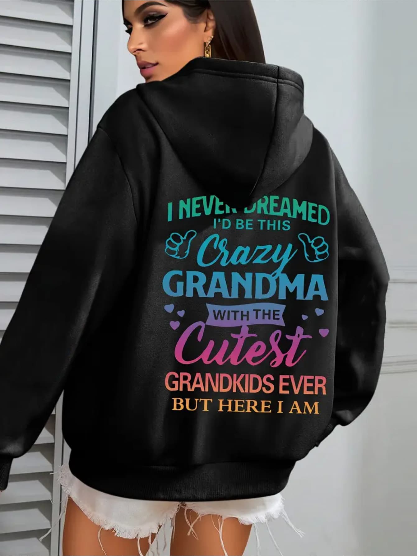 2025 New Cross-border Drop Shipping Black Crazy Grandma Slogan Print Women's Casual Hoodie