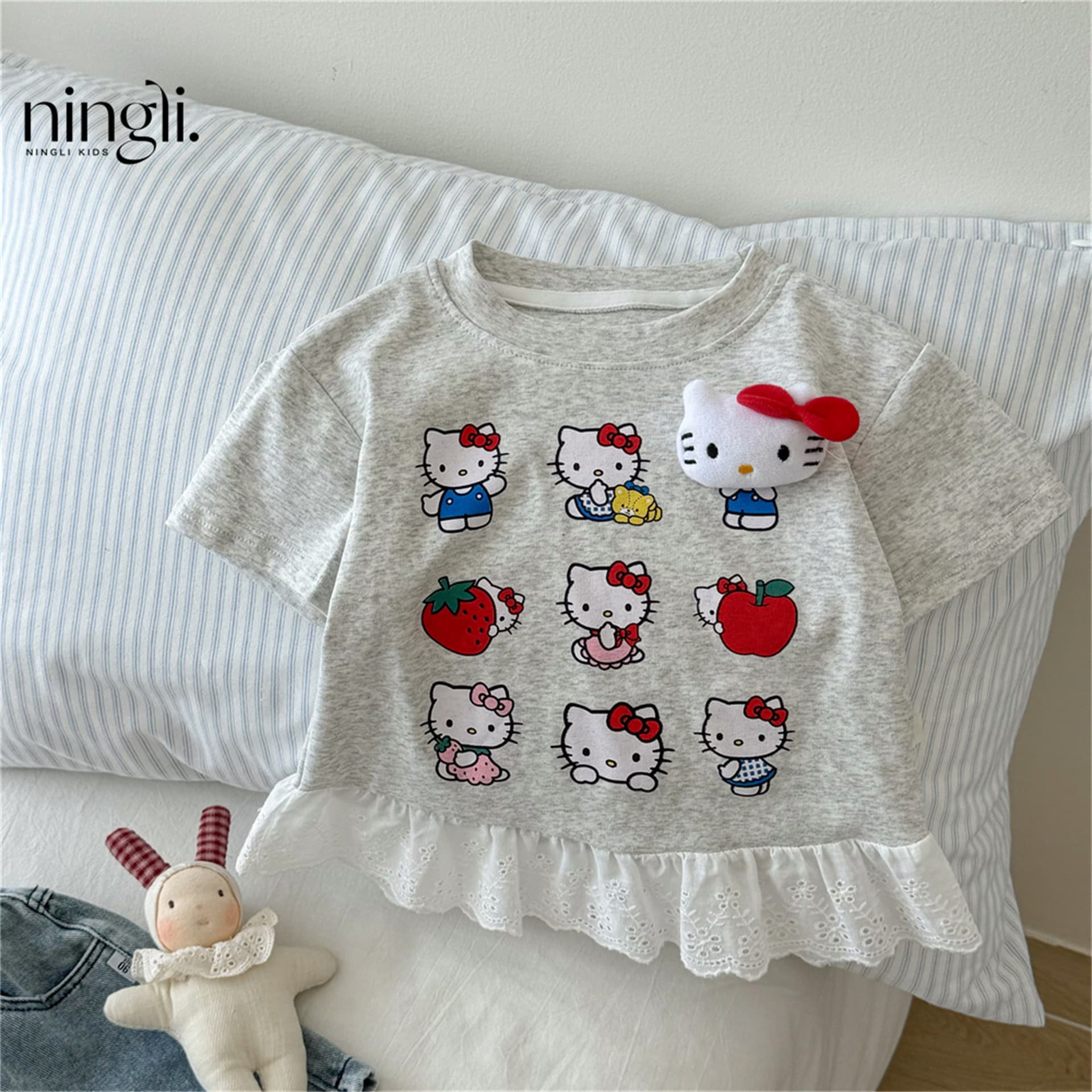 Ningli children's cotton style T-shirt summer new lace girls' printed cute top sweet short-sleeved T-shirt trendy