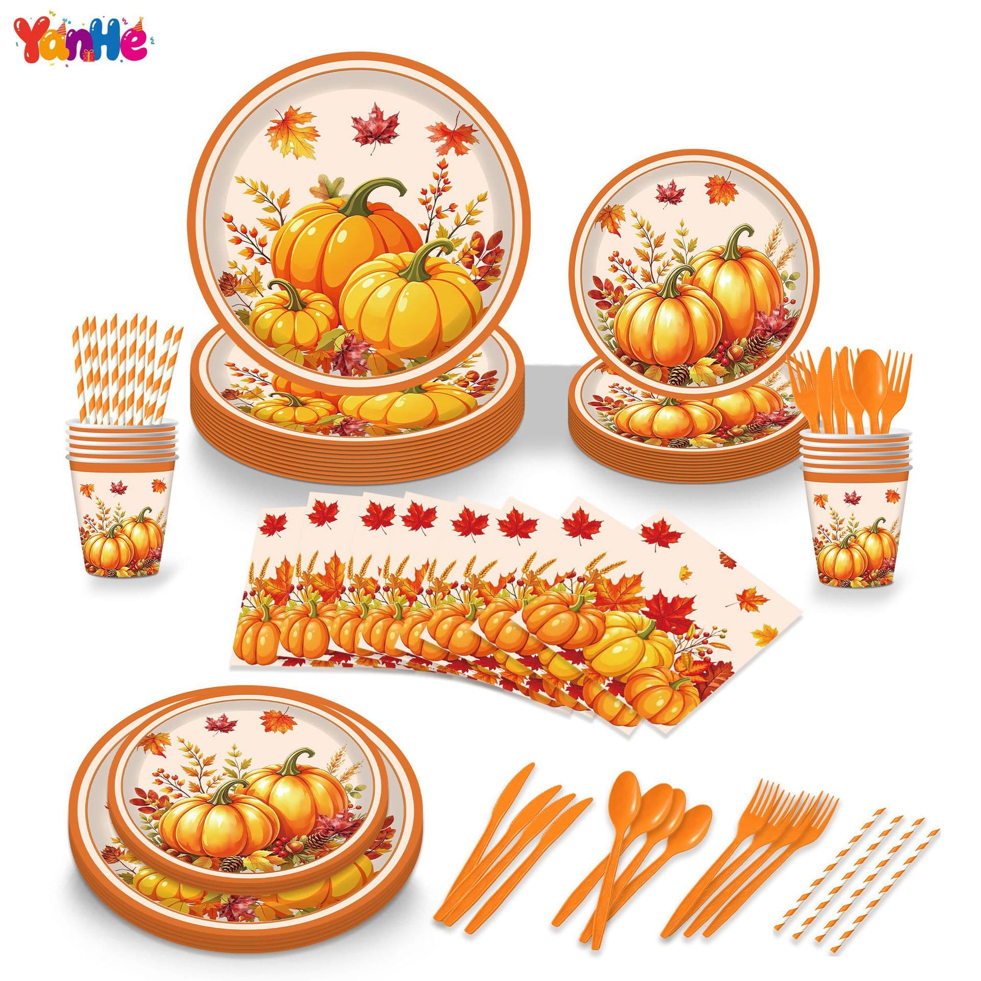 Autumn Thanksgiving Pumpkin Maple Leaf Theme Party Paper Plate Paper Cup Tissue Set Disposable Birthday Party Decoration
