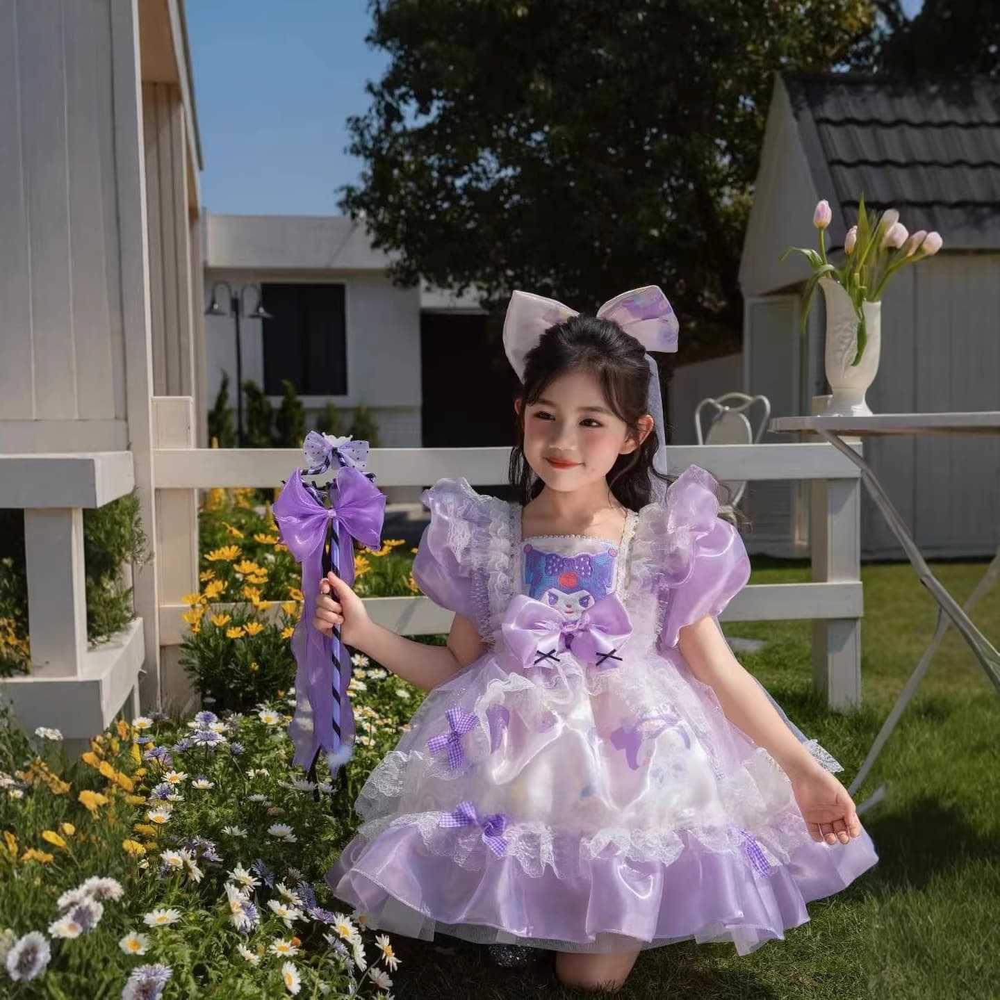 Girls Kuromi Princess Dress 2026 Summer Children Lolita Birthday Dress Tulle Skirt Mesh Dress