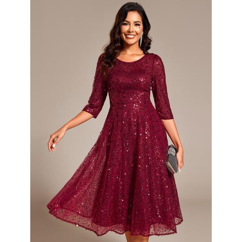 S 16666 Cross-border Hot Selling Autumn New Drop Shipping Wine Red Sequined Mid-Length Wedding Guest Dress Sleeves