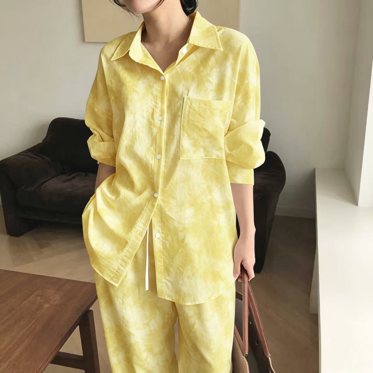 Korean yellow suit girls tie-dye print Korean version foreigners 2026 spring autumn summer wear with shirt and trousers