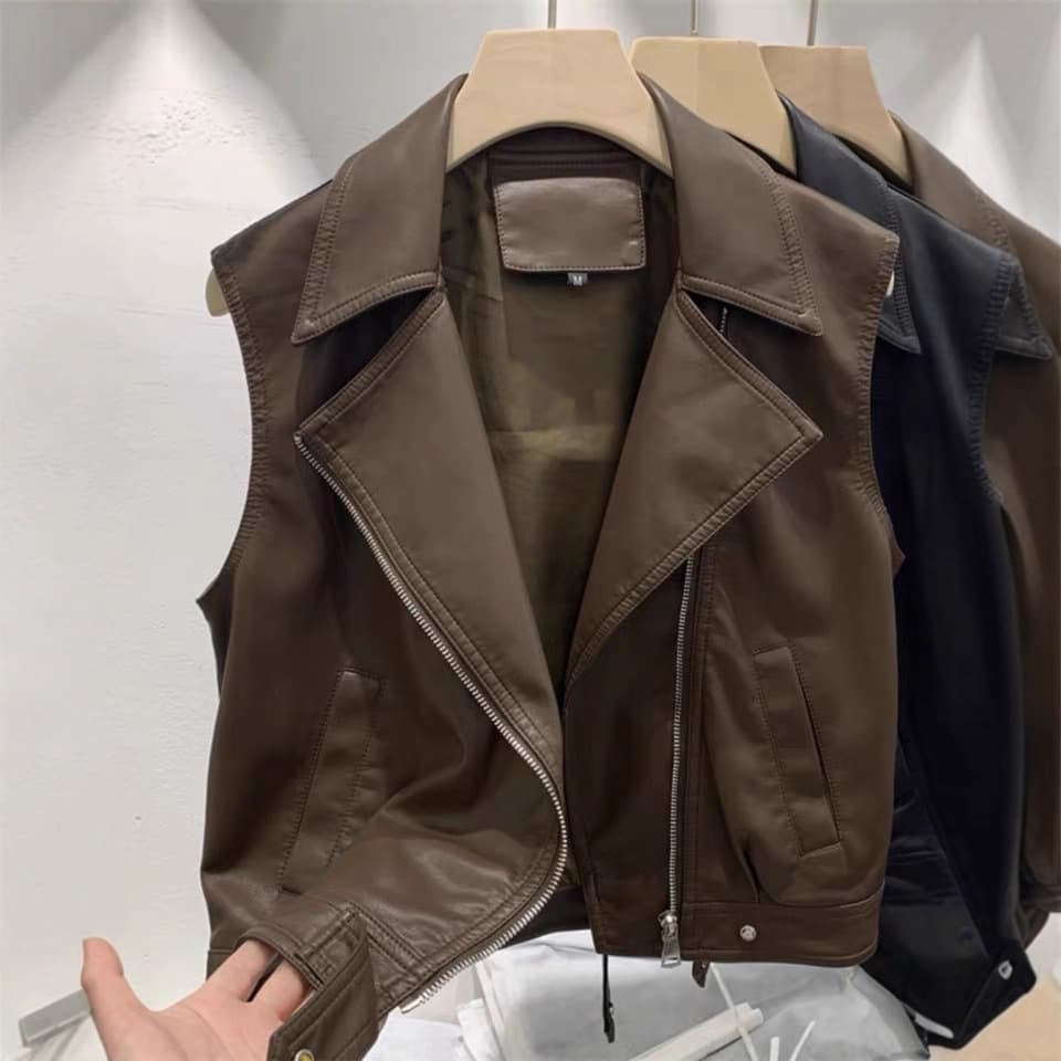 Casual Versatile PU Leather Vest Women 2025 New European Style Loose Sleeveless Top Short Waistcoat Small Leather Jacket