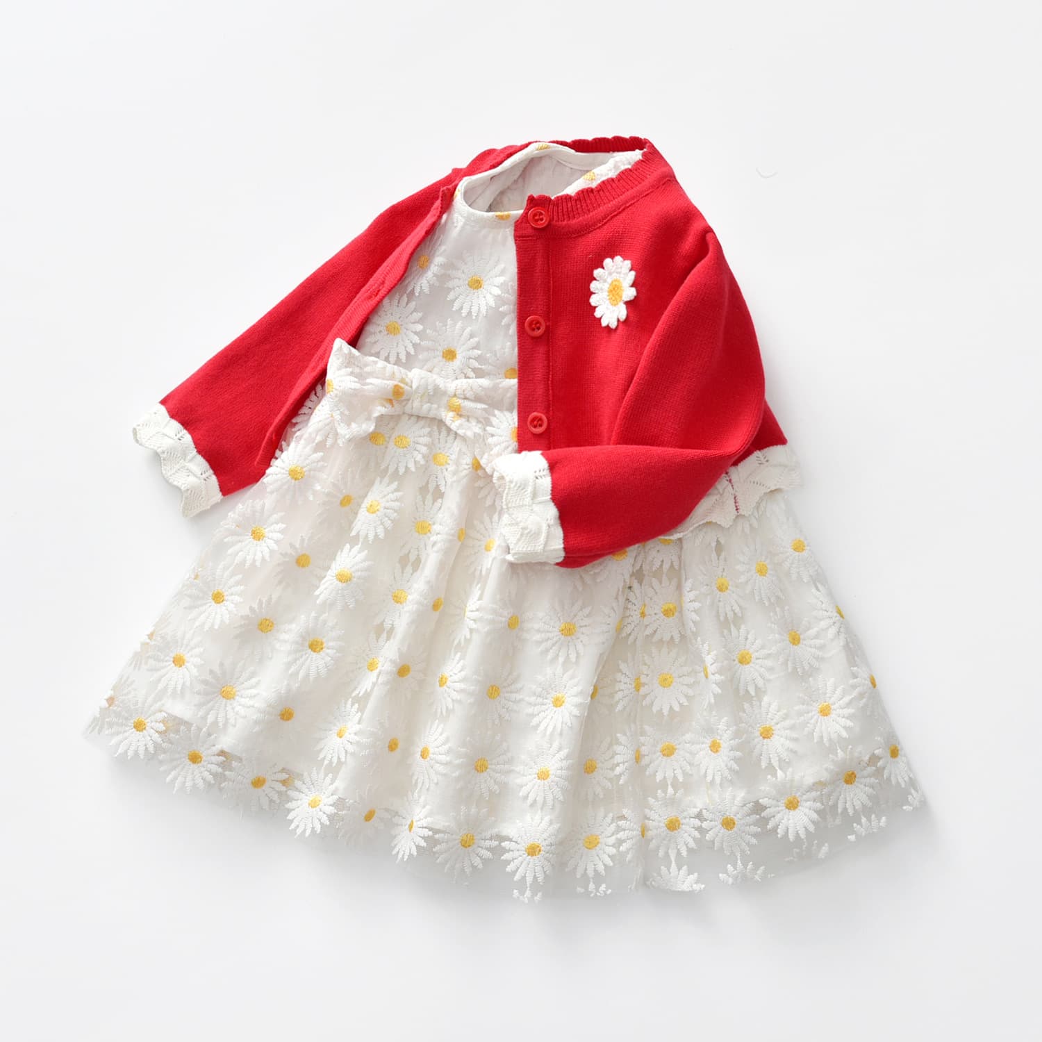 Baby Girls Spring and Autumn Knitted Cardigan Daisy Princess Dress for 100 Days and First Birthday Party