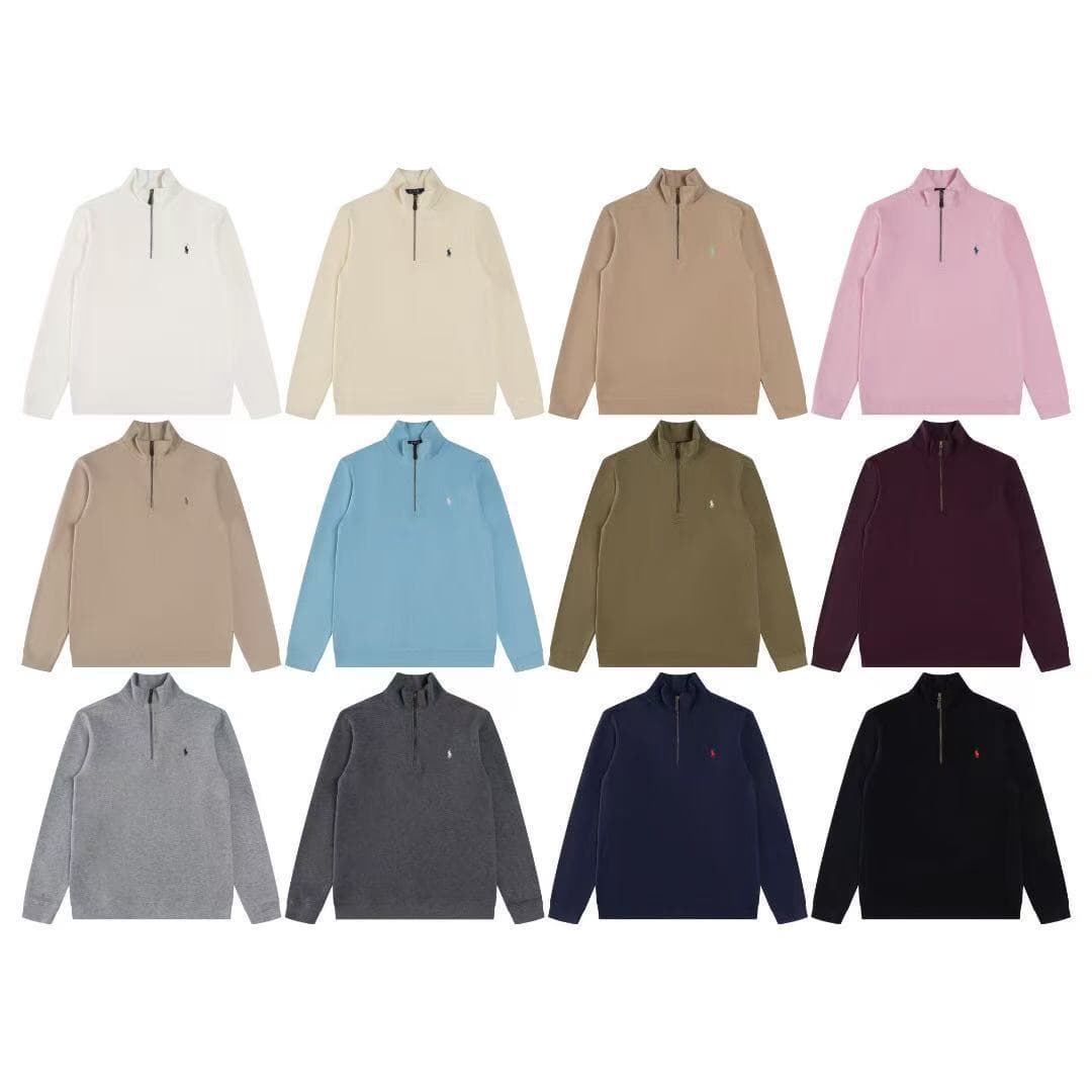 In Stock RL Ralph Lauren Embroidered Pony Logo Half-Zip Mock Neck Unisex Long Sleeve Knit Sweatshirt