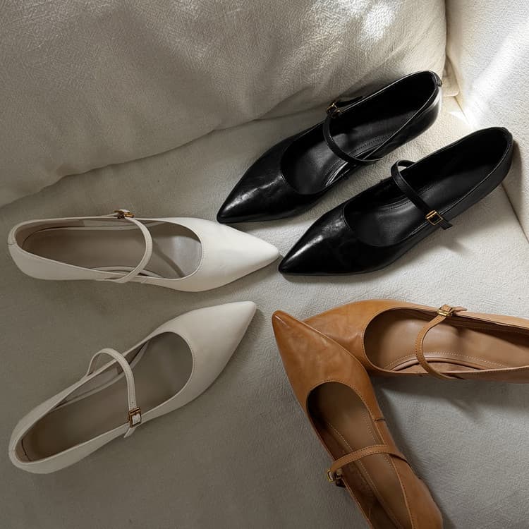 Top Layer Cowhide Mary Jane Shoes Women Medium Heel Single Shoes Autumn New Arrival Inside and Outside Genuine Leather Pointed Toe One-Strap Buckle Shallow Mouth Single Shoes