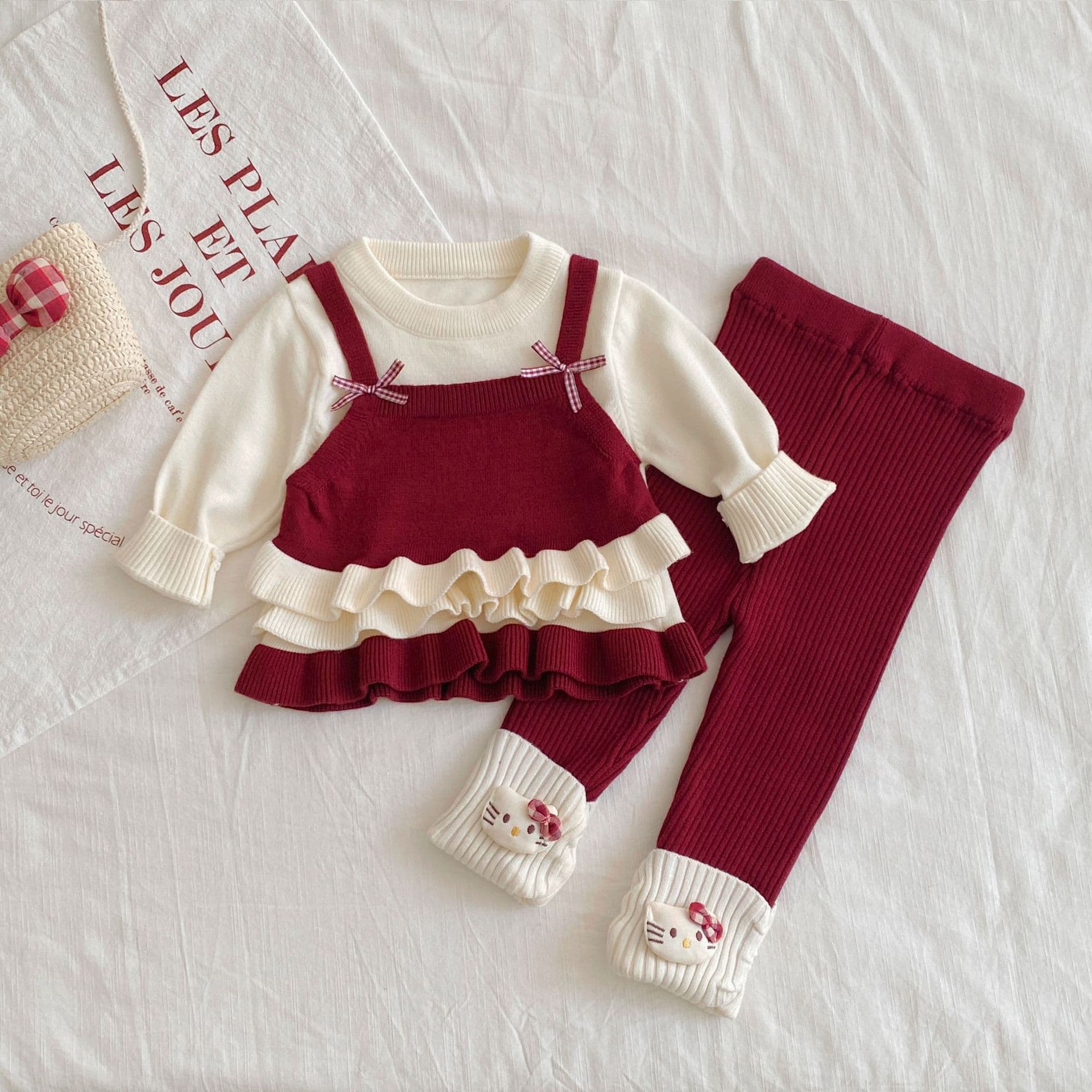 Girls Long-Sleeve Knit Sweater Fake Two-Piece Pants Set Baby New Year Outfit Spring Autumn Kids Festive Set