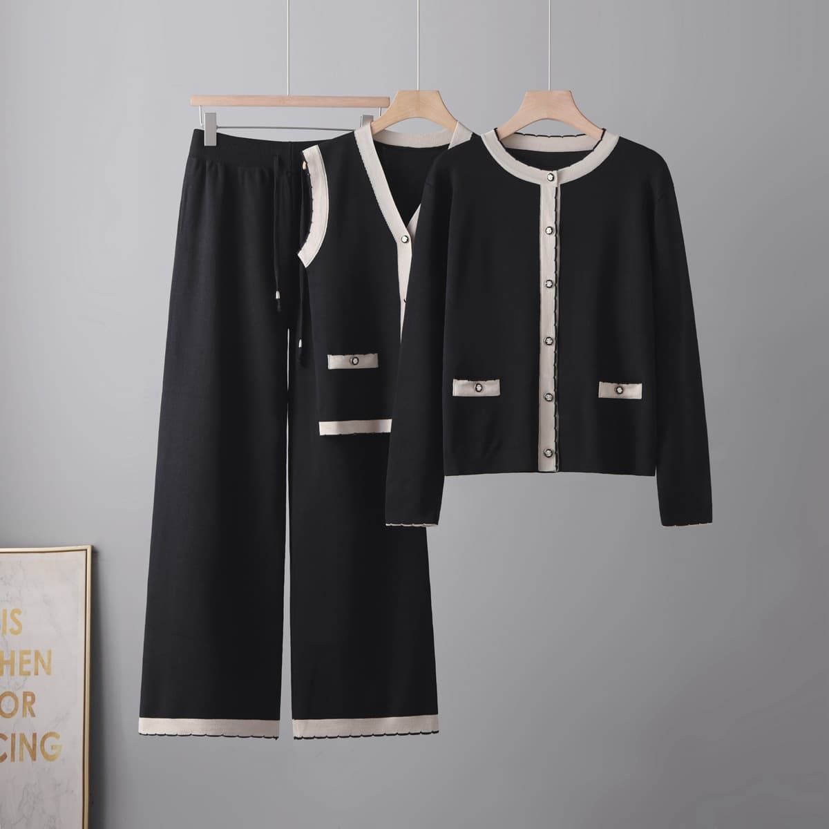 Real Shot Chanel-Style Long-Sleeve Slim Knit Cardigan Top for Women, Autumn/Winter New Jacket + Vest + Pants Three-Piece Set