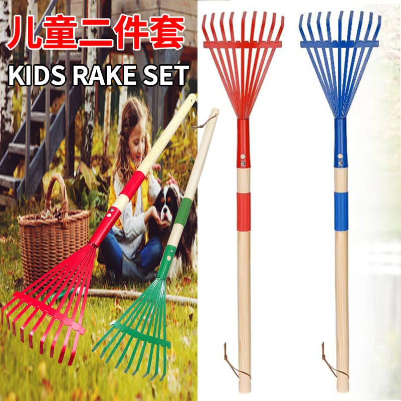 Garden Rake, Agricultural Leaf Rake, Wooden Handle, Nine-Tine Rake for Children's Performance, Household Gardening Tool