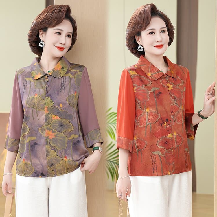 Spring Blouse for Middle-aged and Elderly Women, Fashionable Top for 40s and 50s, Summer T-shirt, Elegant and Noble Shirt
