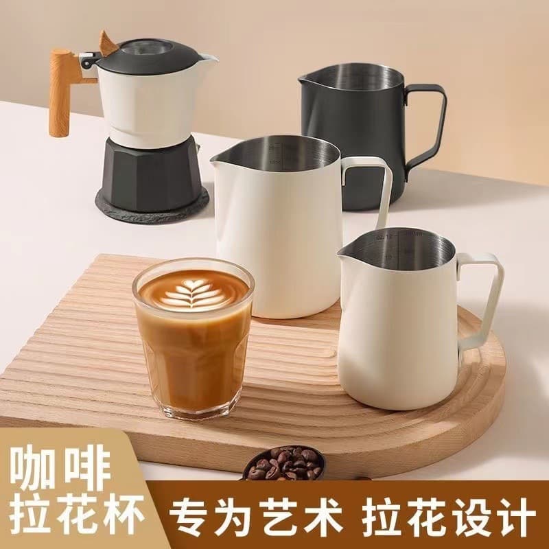 Hot-selling 304 stainless steel latte art mug with thickened spout, perfect for home use, milk frothing, and Italian coffee making.