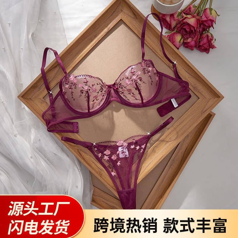 Manufacturer Cross-Border Printed Mesh Push-Up Lingerie Uniform Pure Desire Set Sexy Ultra-Thin Cup Bra Thong