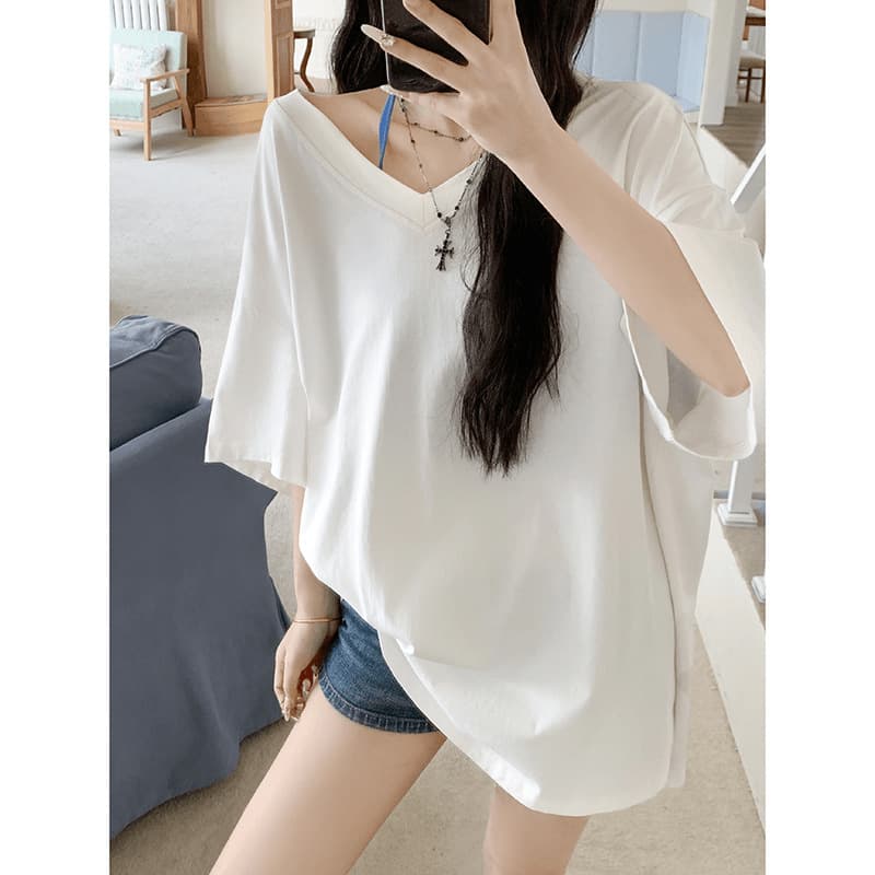 Threaded V-neck short-sleeved oversize lazy style summer T-shirt for women Cross-border loose long plus size women's top