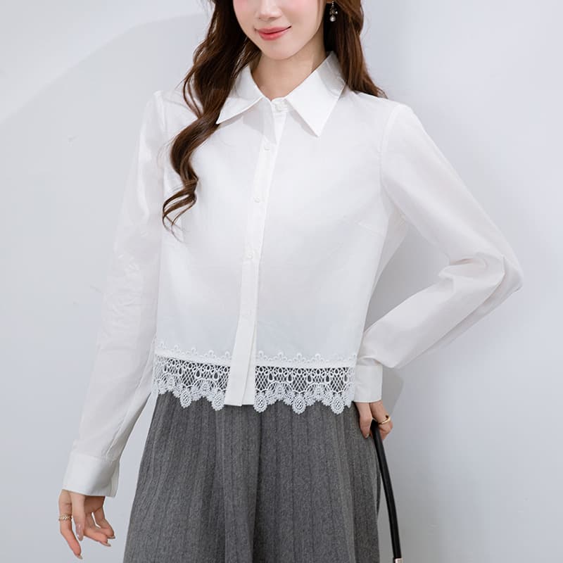 French hem spliced long-sleeved shirt for women cross-border 2025 autumn new fashion versatile slim simple top trendy