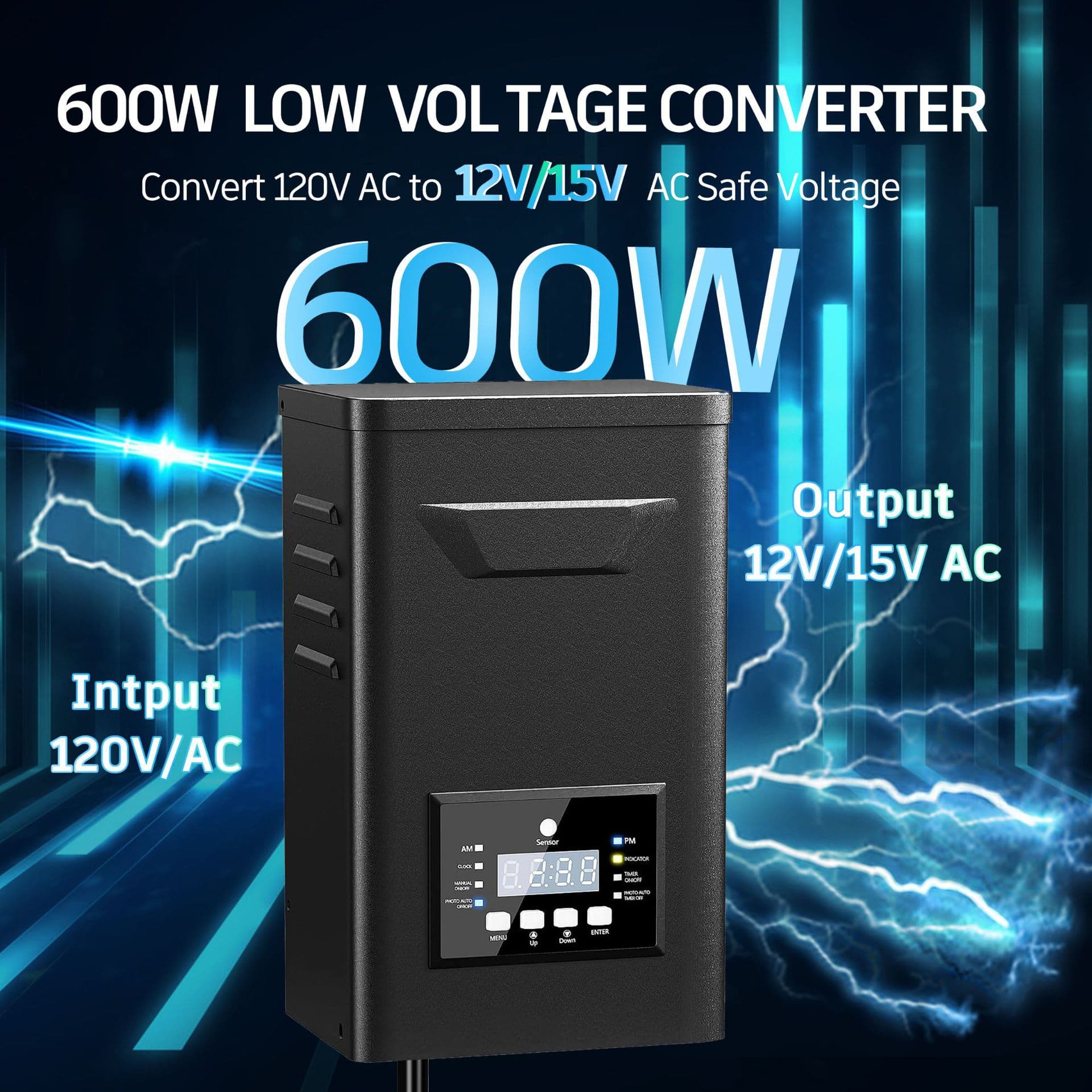 600W Low Voltage Landscape Lighting Transformer, Outdoor Light Sensor Controller, 120VAC to 12/15VAC Inverter