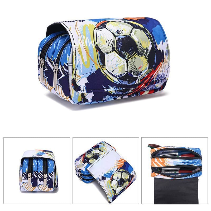 New Cross-Border Football All-Over Print Flip Pencil Case, Large Capacity Polyester Double-Layer Stationery Storage Bag, Cartoon