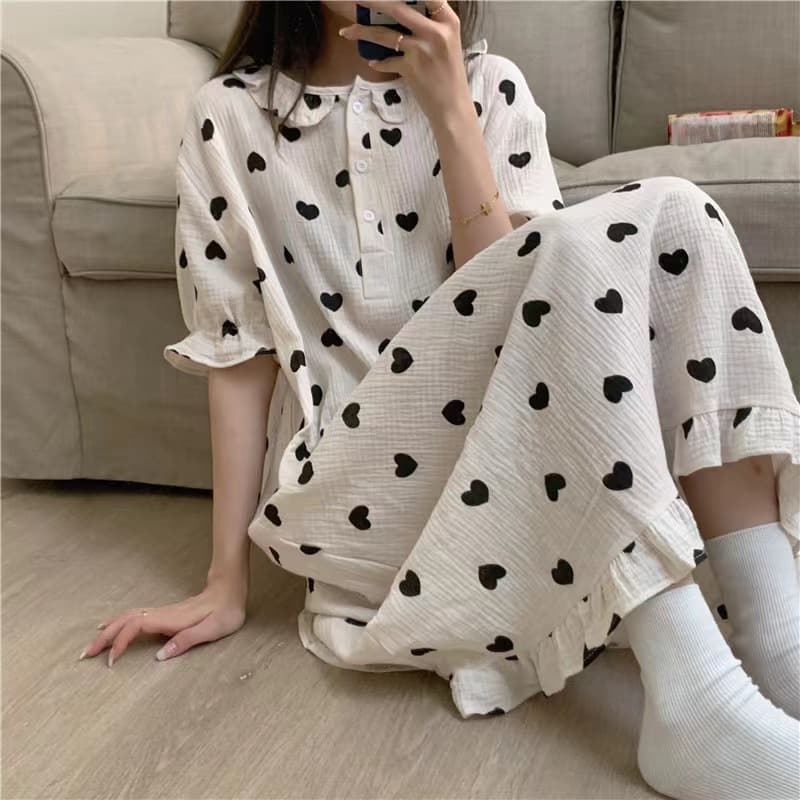 Ins Style Women's Summer Thin Bubble Crepe Mid-Length Nightgown, Loose Short Sleeve Sweet Student Pajamas