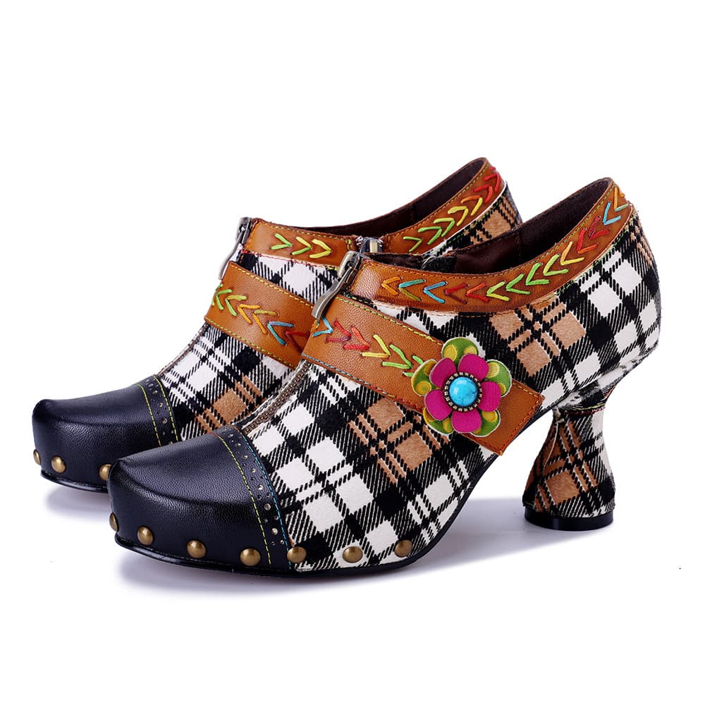 2025 autumn and winter foreign trade women's genuine leather hand-rubbed vintage plaid print stitching comfortable high heels