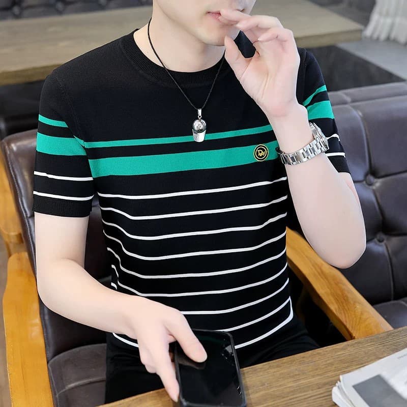 Ice Silk Striped Knit Short Sleeve T-Shirt Men Summer Trendy Stylish High-End Ice Silk Half Sleeve Streetwear Slim Fit Top