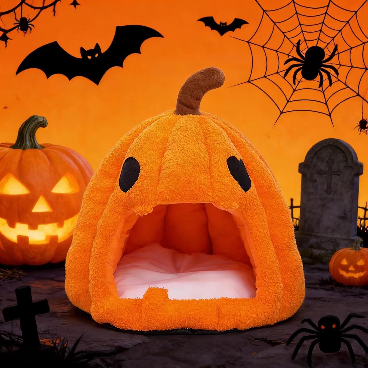 Halloween Pumpkin Cat Bed Cross-border Fall/Winter Warm Enclosed Cat Dog House Pet Halloween Pet