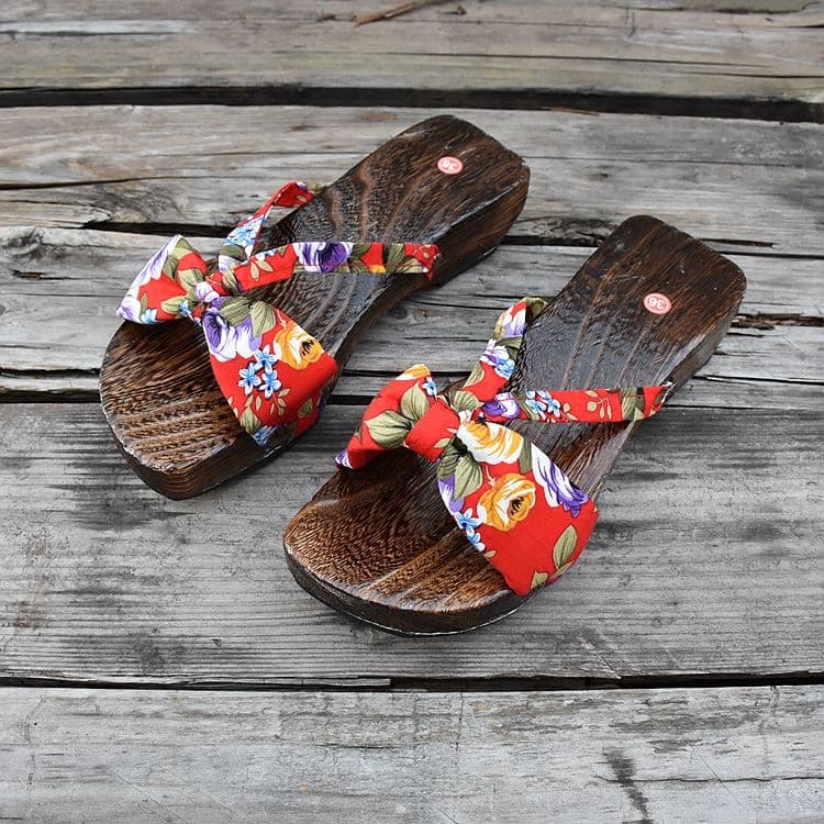 Chinese Style Wooden Clog Sandals with Flower Design, Women's High Heel Wooden Clogs, Japanese Style Thick Sole Clogs
