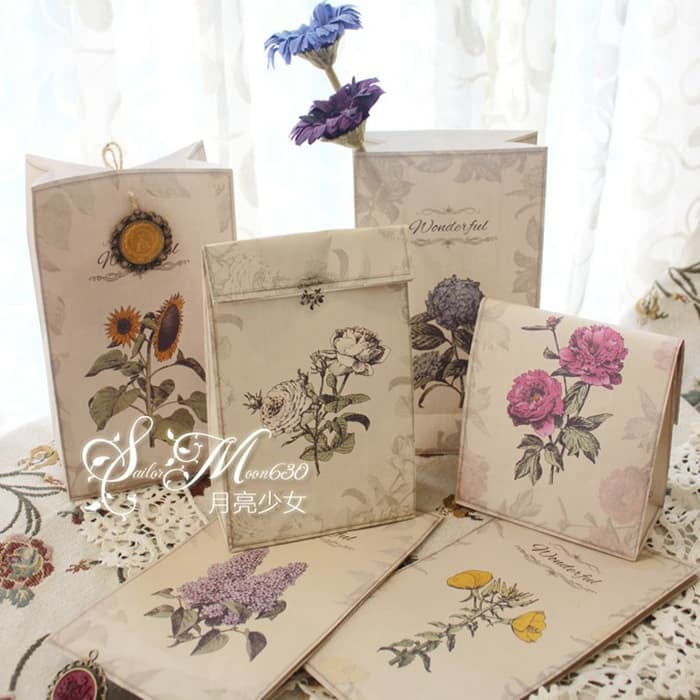 Retro flower gift packaging bag/flat handleless paper bag/baking pastry bag/candy bag/return gift bag