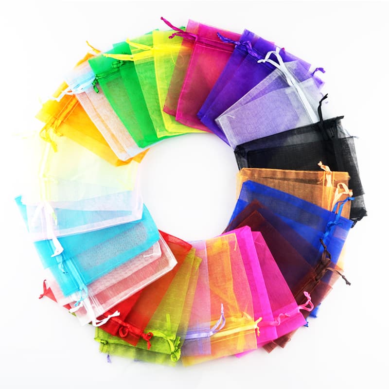 Multi-size organza bags, drawstring bags, breathable packaging bags for cosmetics, jewelry, and activated carbon granules.