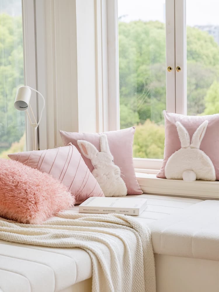 Pink rabbit embroidered pillow case, Dutch velvet thickened cushion, light luxury model room pillow, Nordic style living room pillow
