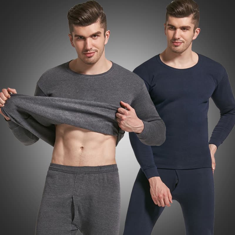 New Style Slim Fit Men's Solid Color Thermal Underwear Round Neck Fleece Thickened Autumn Clothes and Pants