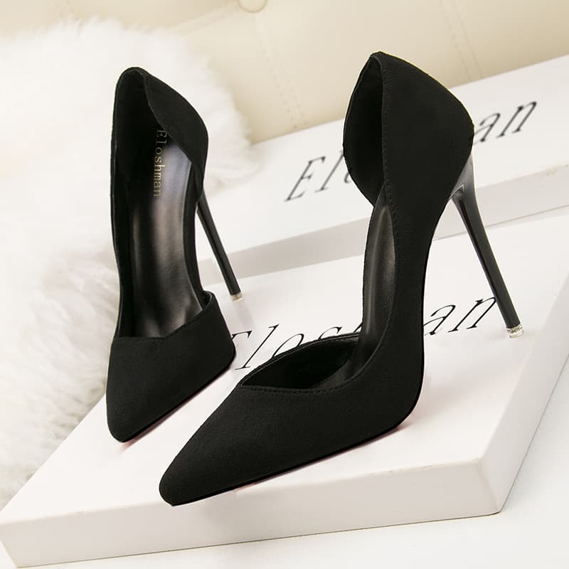 8915-3 Korean Style Fashionable and Simple Stiletto High-Heeled Suede Slimming Look Shallow Mouth Pointed Toe Side Sexy Cut Out Women's Shoes