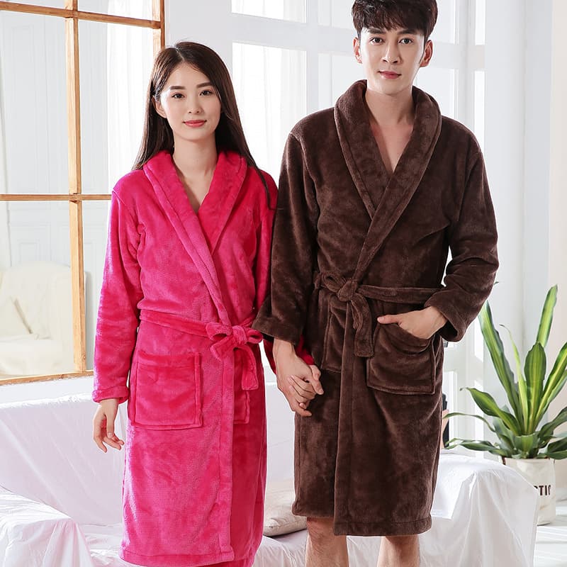 Autumn and Winter Thickened Flannel Couple Nightgown Extra Long Size Men's and Women's Coral Fleece Long-Sleeved Slim-Fit Bathrobe