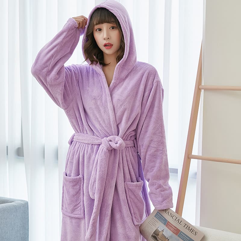 Autumn and Winter Padded Long Coral Fleece Bathrobe for Men and Women, Couples Nightgown, Solid Color Large Size Pajamas, Homewear, One-Piece Fleece