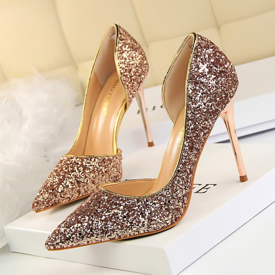 868-8 European and American Style Sexy Nightclub Slimming Look Women's Shoes Stiletto High Heels Shallow Mouth Pointed Toe Side Cut Out Sequin Shoes
