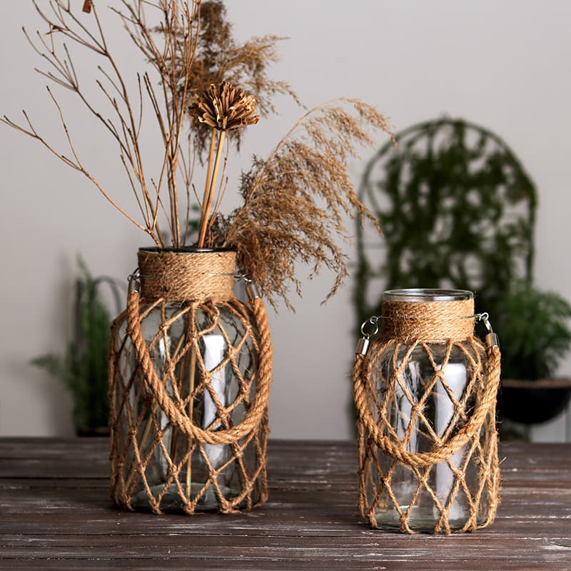 Hand-Woven Hemp Rope Glass Transparent Vase Wholesale American Decorative Ornaments Flower Vessel Creative Hydroponic Retro Vase