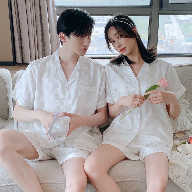 Spring and Summer Square Couple Pajamas Women's Ice Silk Short-Sleeved Shorts Summer Silk Men's Suit Spring and Autumn Home Clothes