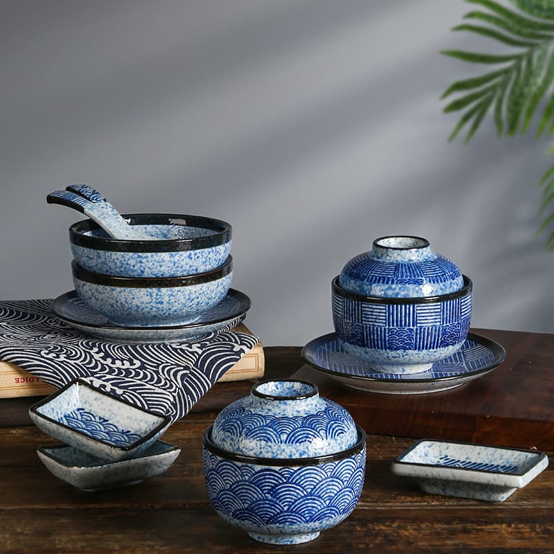 Qinghai wave stew Cup four-piece hotel restaurant table ceramic dessert cover Bowl Bone dish spoon creative tableware wholesale