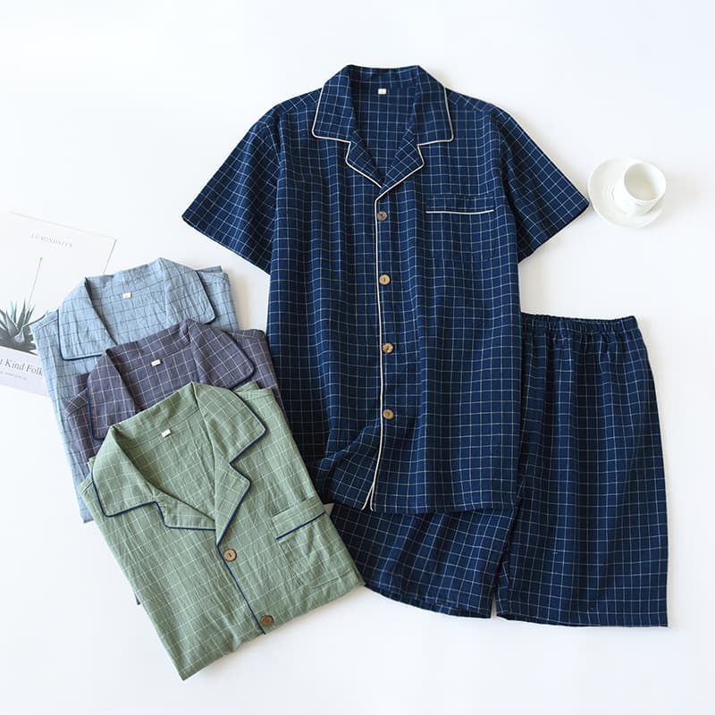 Couple Pajamas Women's Short-Sleeve Shorts Cotton Summer Thin Japanese Plaid Men's Home Wear Plus Size Casual Suit