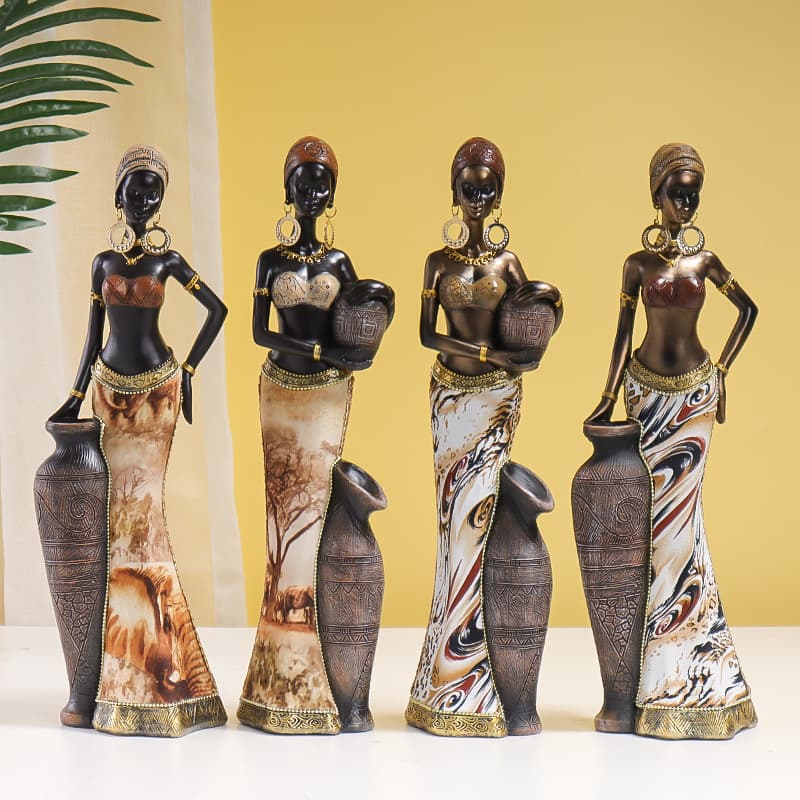 Vintage African Style Resin Crafts Ornaments Black Women Art Sculpture Wine Cabinet Hallway Model Room Decoration