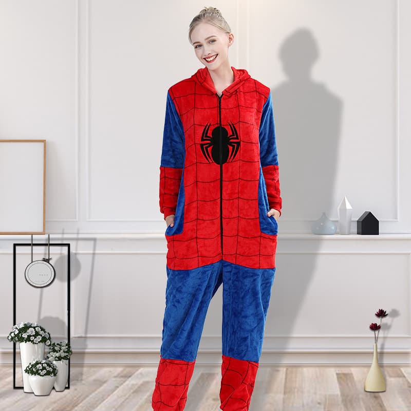 Cross-Border Flannel Spider-Man One-Piece Pajamas Performance Costumes Warm Couple Pajamas Women's Loungewear Toilet Version Wholesale